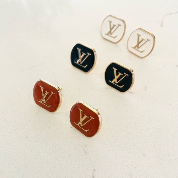 Luxury Cognac/Gold Signature Logo Repurposed Button Earrings 18mm - Picture 3 of 3